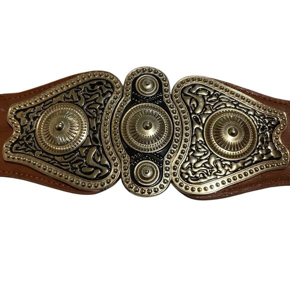 Cool vintage looking metal stretch antique buckle belt, brown and brushed gold main image 9